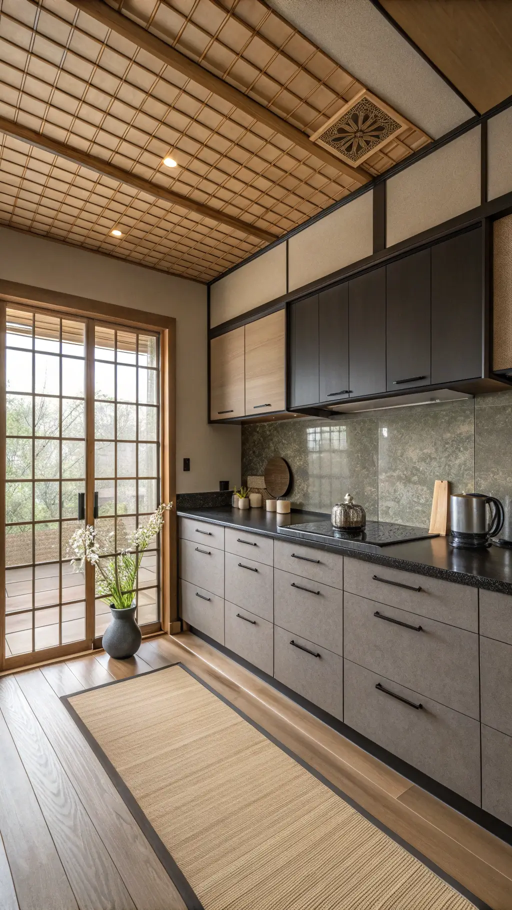Minimalist Japanese kitchen at dawn with dark taupe cabinets, black granite counters, bamboo flooring, and simple decor accentuated by soft morning light