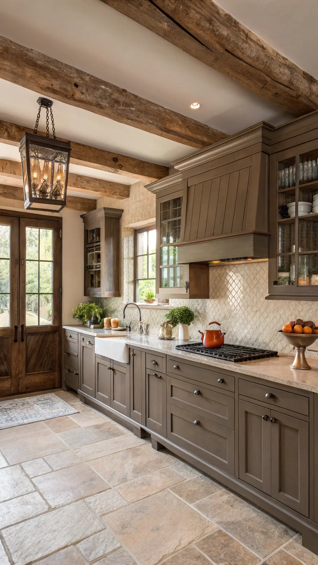 Rustic elegant French country kitchen with dark taupe beadboard cabinets, soapstone counters, cream subway tile backsplash, and pewter hardware. Features include a high ceiling with exposed beams, aged oak parquet flooring, copper cookware, fresh flowers and vintage linens under warm afternoon light.