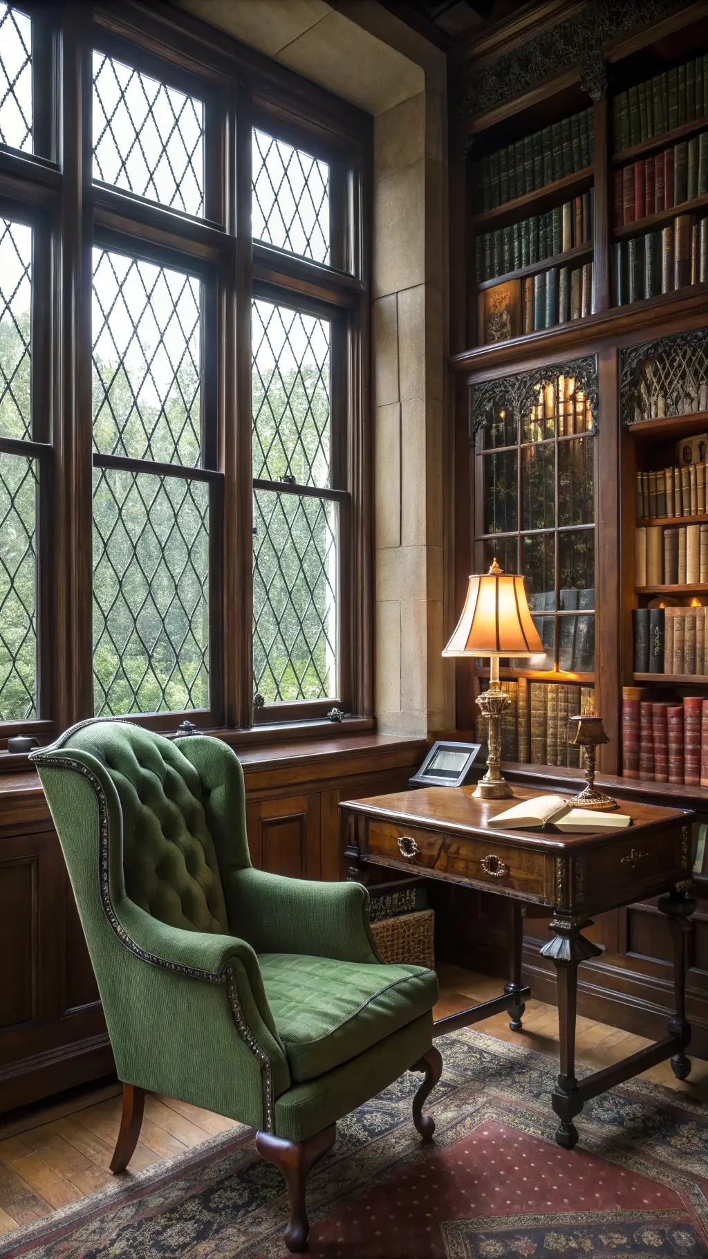 Vintage study room with antique bookshelves, a velvet wingback chair, leather-topped writing desk illuminated by a brass desk lamp, and various scientific curiosities highlighted by natural afternoon light.
