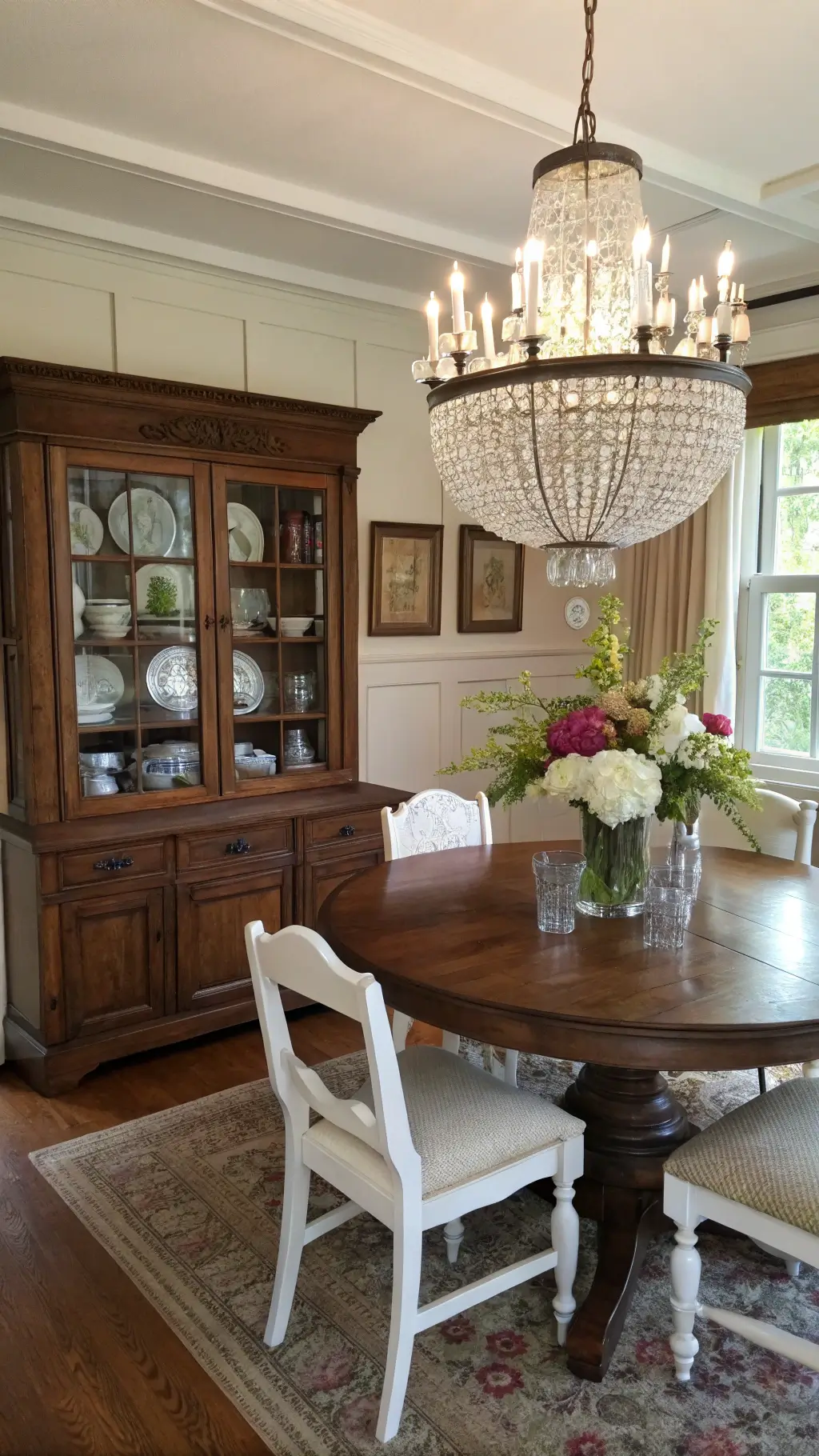 Eclectic dining room with a dark oak table, vintage chairs, built-in china cabinet, wainscoting, vintage silverplate, milk glass collections, and a crystal chandelier casting prismatic light. Mismatched textures and antique styling stand out.