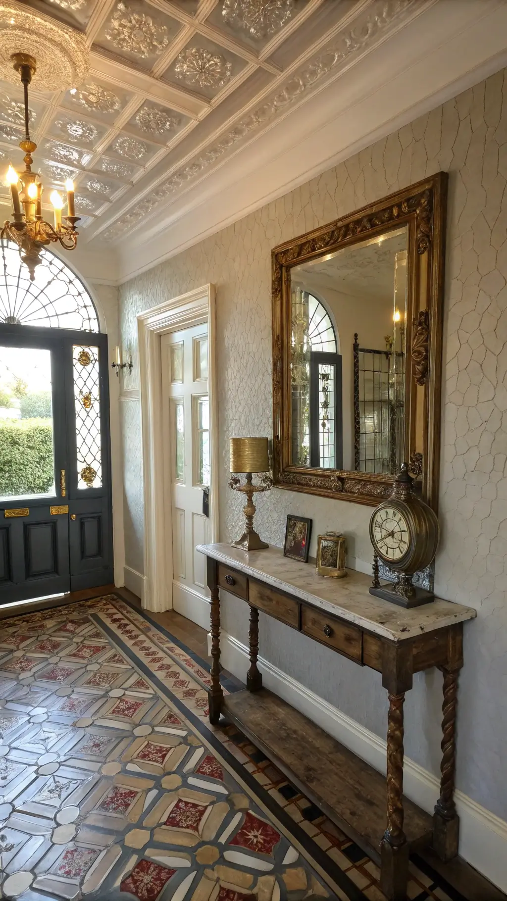 Victorian style entryway featuring tiled floor, tin ceiling, console table with vintage clock collection, and oversized gilded mirror reflecting light from a leaded glass transom.