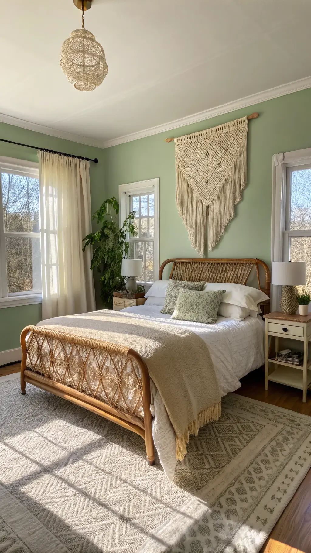 Sunny 14x16ft bedroom with green accent wall, vintage rattan queen bed, macramé wall art, large windows with sheer curtains, and indoor plants, taken at golden hour from a 45-degree angle.