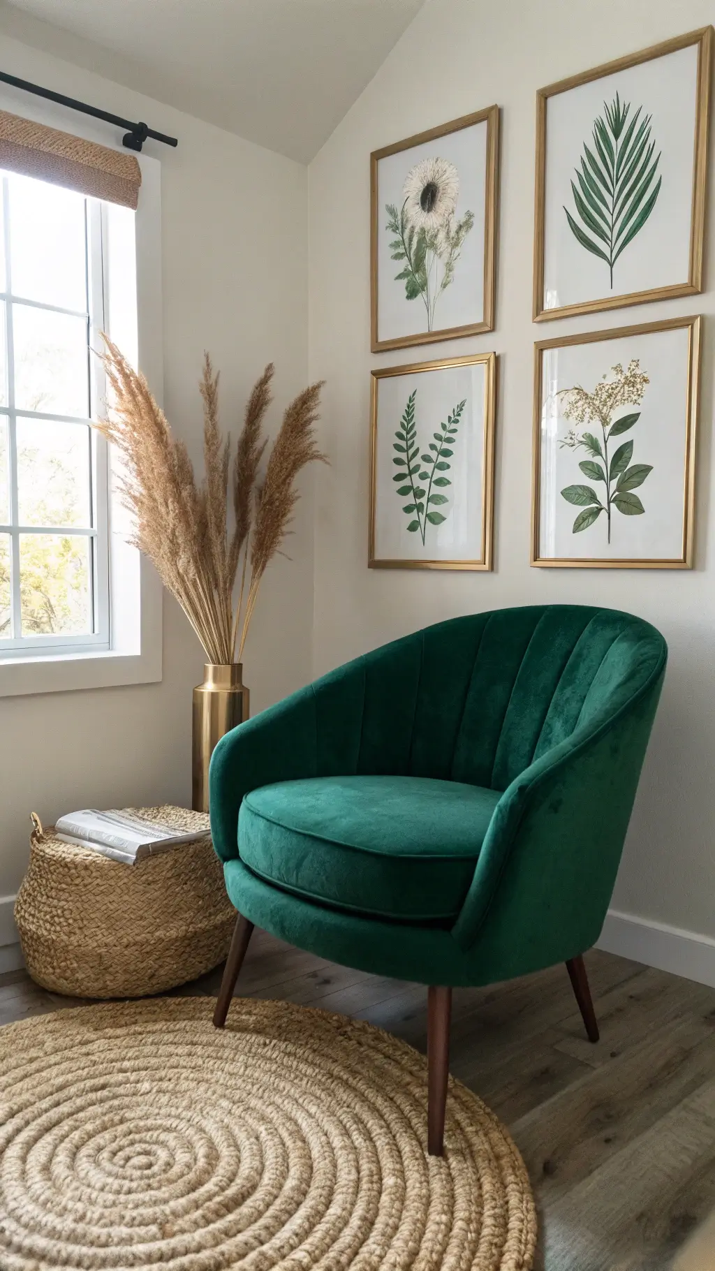 Emerald velvet accent chair under botanical prints with morning light streaming through a window, basket of dried pampas grass and woven jute rug in a cozy sophisticated setting.
