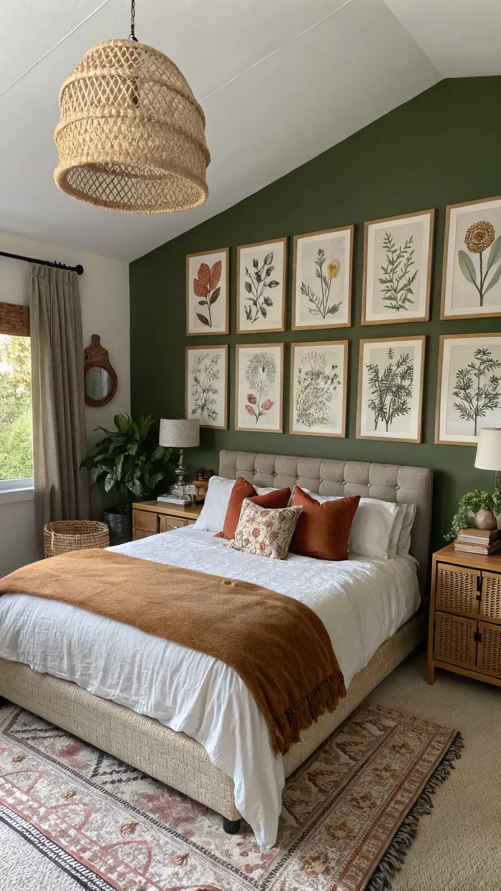Elevated view of a stylish boho bedroom with olive green gallery wall featuring vintage illustrations, woven wall baskets, and a centered California king bed with cream linen duvet, rust velvet pillows, and woven throw blanket, illuminated by a rattan pendant lamp and natural morning light.