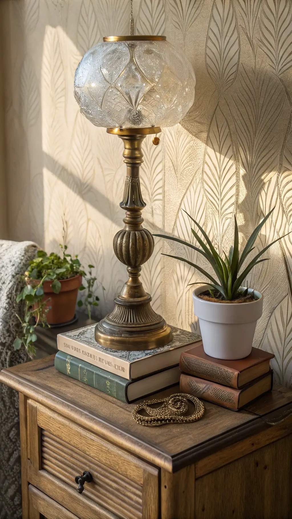 Vintage brass lamp on a raw wooden nightstand with art books, a crystal cluster, and a small snake plant against cream wallpaper in the late afternoon light.