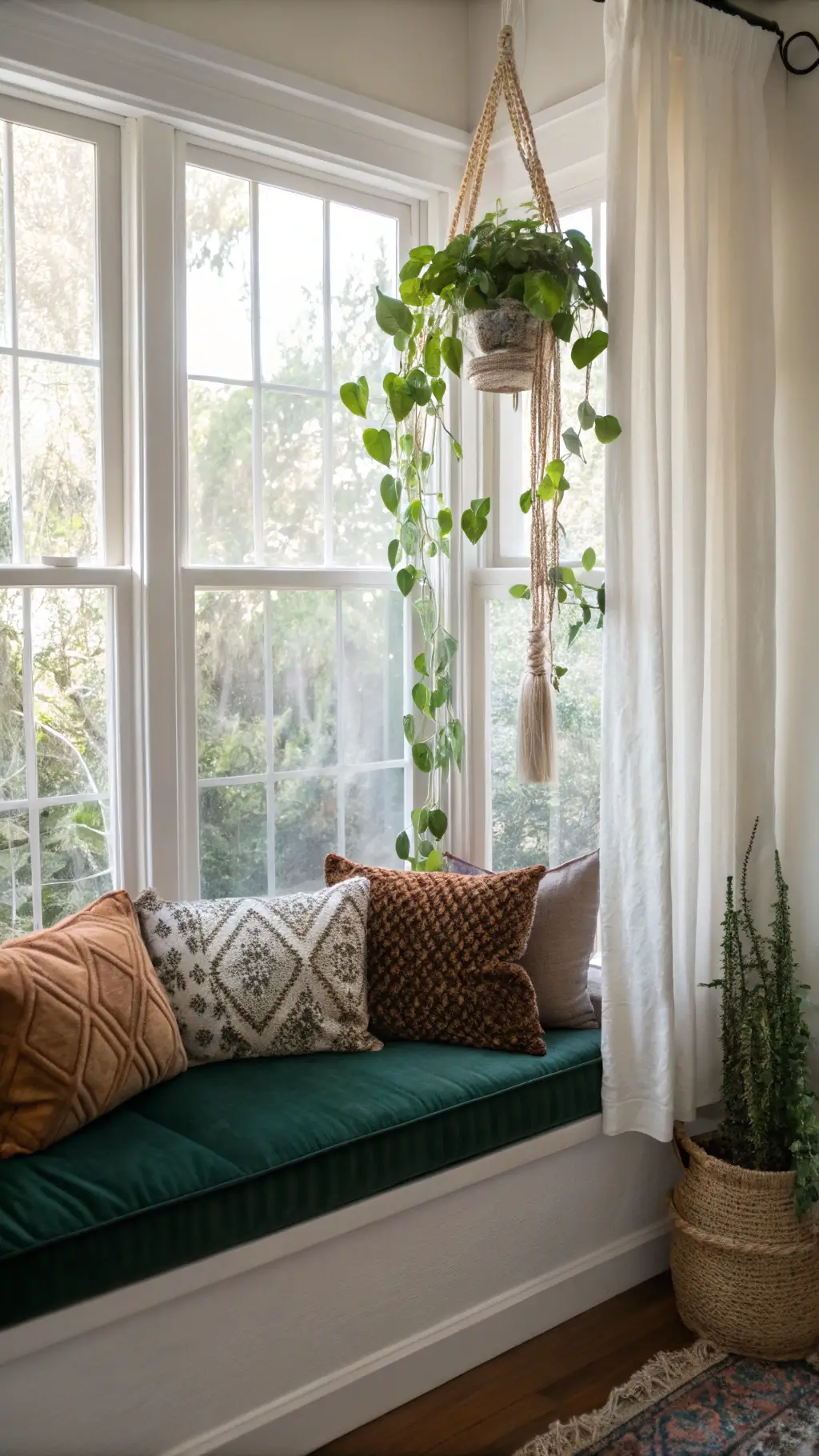 Dreamy window nook with forest green velvet cushioned bench, mixed pattern pillows, hanging ivy plant, and morning light filtering through gossamer curtains for a peaceful retreat ambiance