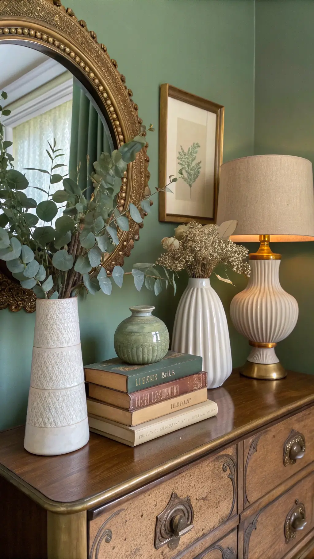 Vintage styled dresser top with brass mirror, ceramic vases filled with dried eucalyptus, stacked books and a table lamp against a sage green wall.