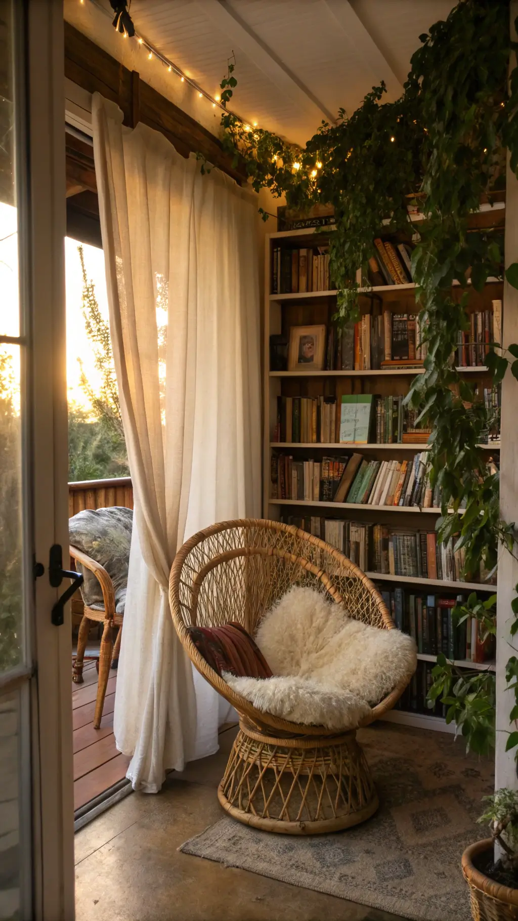 Bohemian style reading nook with rattan peacock chair, sheepskin throw, floor-to-ceiling bookshelf, and hanging plants illuminated by golden hour light