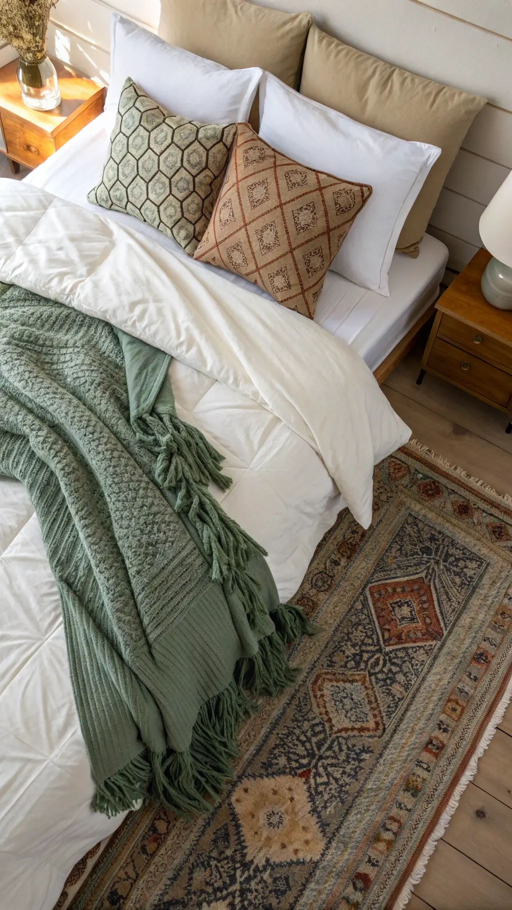 Overhead view of a luxurious bed set featuring a white linen duvet, sage green knit throw, mixed pattern pillows in earth tones and metallics, with a portion of a vintage Persian rug visible.