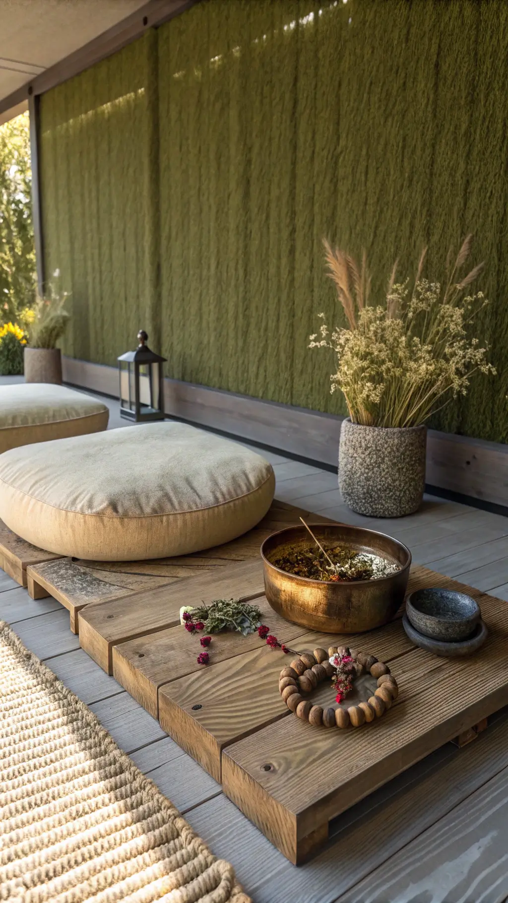 Meditation corner with floor cushions, brass singing bowl on wood platform, prayer beads, dried flowers in ceramic vessel, and olive toned grass cloth wallpaper in early morning light.