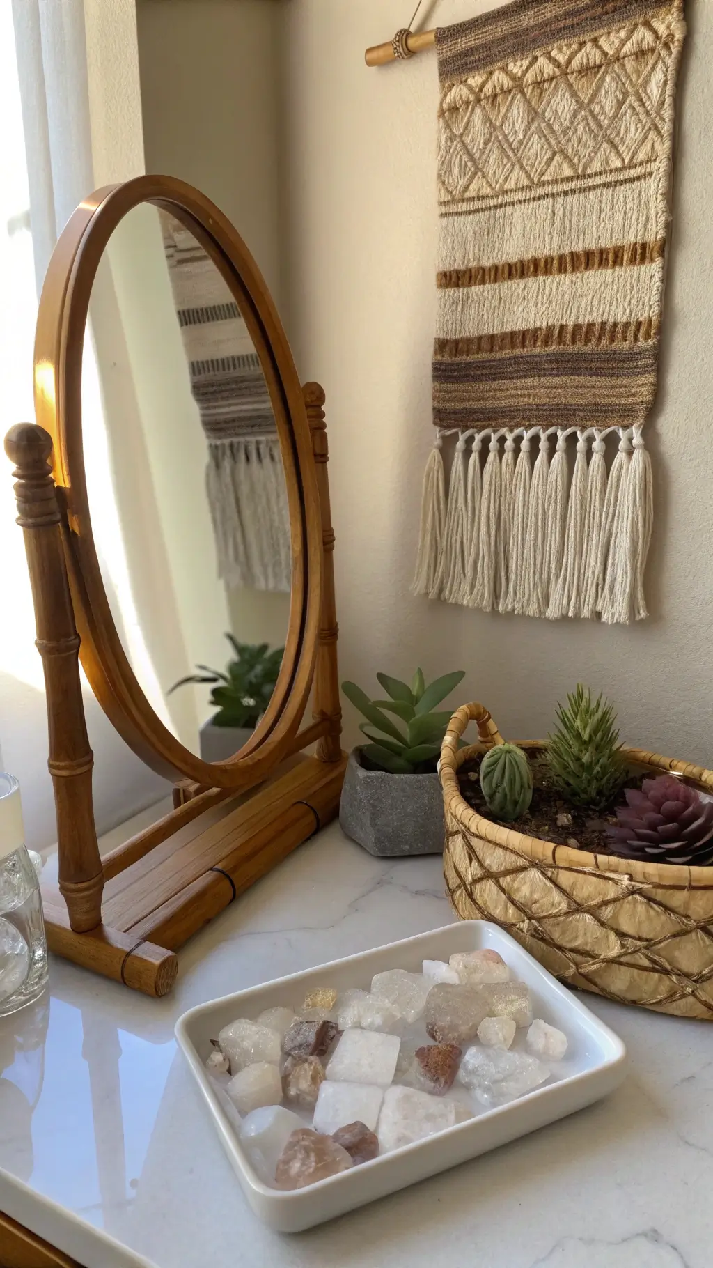 Vintage vanity setup with bamboo-framed mirror, crystal points, air plants on marble tray, and handwoven earth-toned wall hanging, lit by mid-morning natural light
