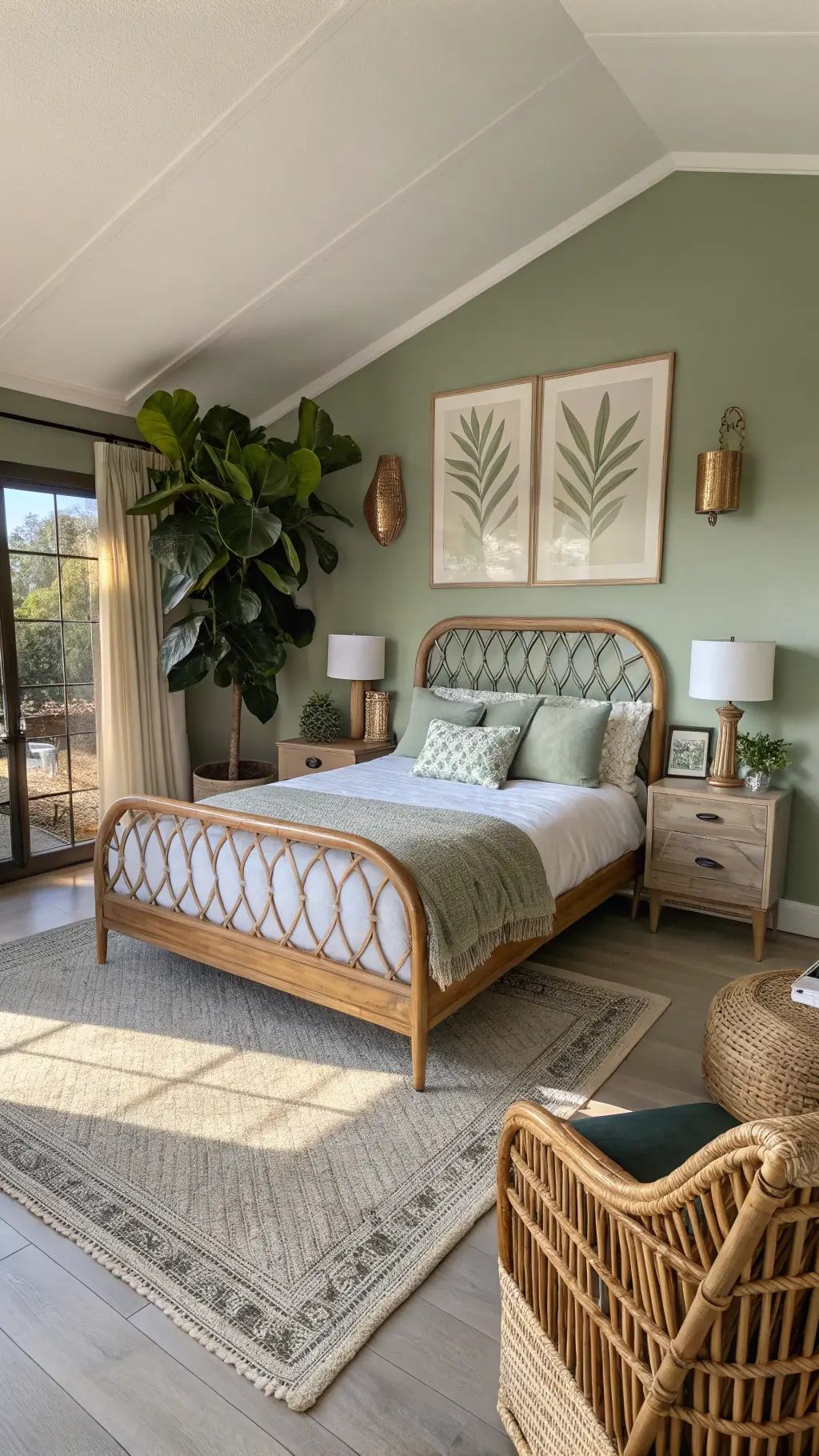 Bohemian luxury bedroom with rattan bed frame and matching nightstands, leather butterfly chair in reading corner and fiddle leaf fig tree casting dramatic afternoon shadows.