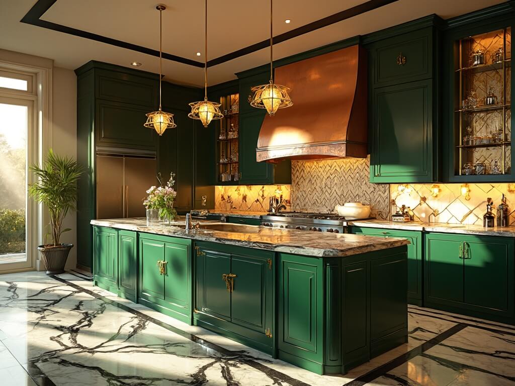 "Art Deco kitchen with emerald green cabinets, black and white marble countertops, copper range hood, and walnut-paneled island under crystal pendant lights, with chevron-patterned marble floor and gold and ivory backsplash tiles."