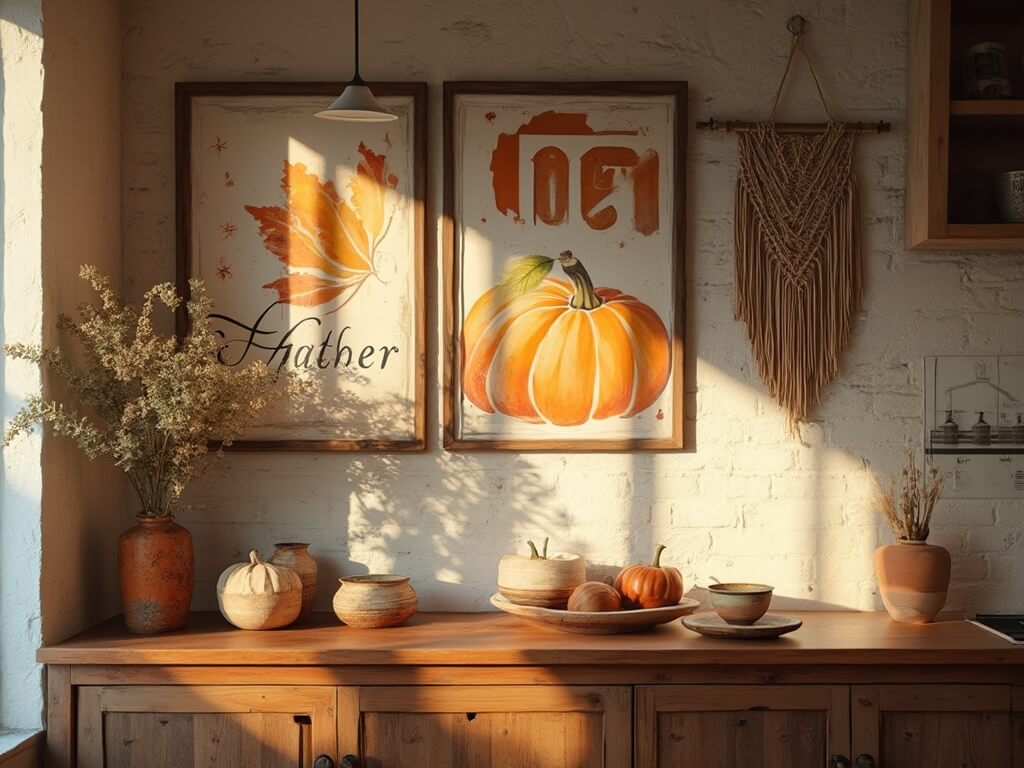 "Farmhouse kitchen wall décor with autumnal color palette featuring vintage botanical pumpkin prints, Gather sign, macramé wall hanging, ceramic vases with dried wheat stems and eucalyptus, and rustic wooden console with pottery"