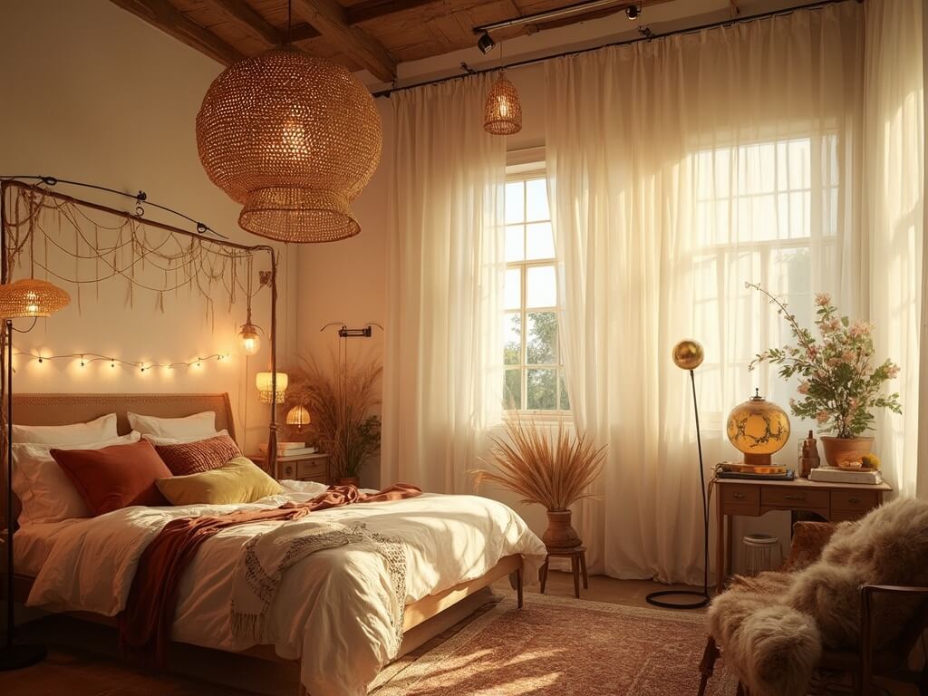 "Bohemian bedroom at golden hour with rattan pendant lamp, layered bed textiles, and warm lighting"