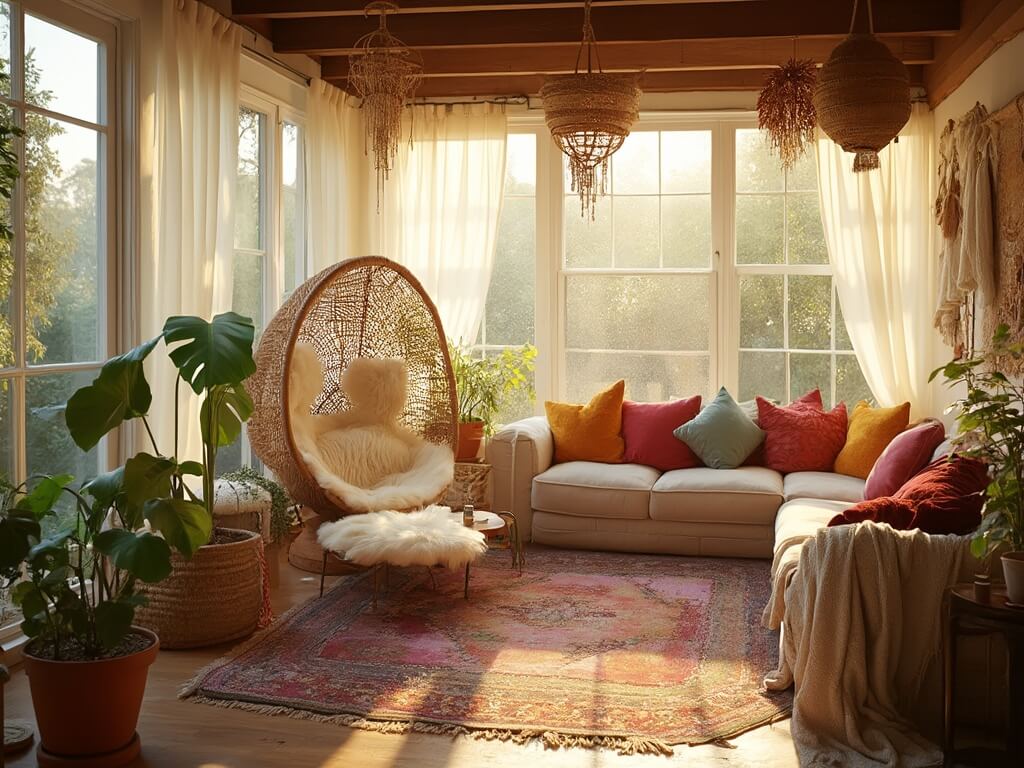 "Sunlit boho sunroom with rattan egg chair, plants, and vintage decor"