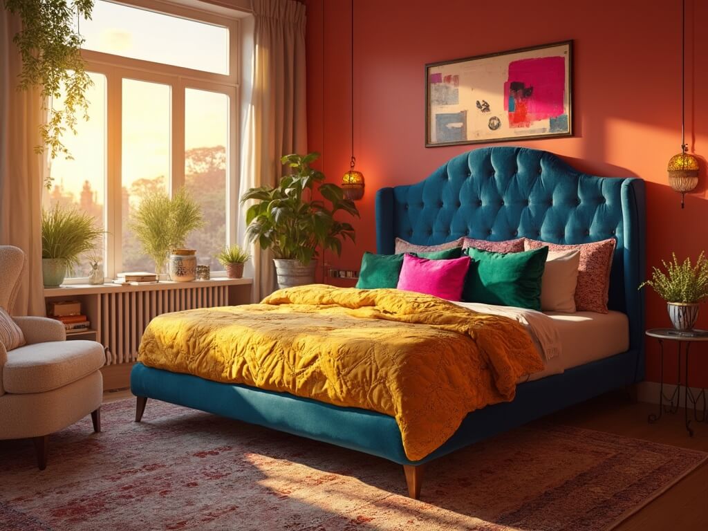 "Modern bohemian bedroom at golden hour featuring a cobalt blue tufted headboard against a coral wall, yellow ochre duvet, green and fuchsia throw pillows, and ambient brass sconces, highlighted by sunset rays."