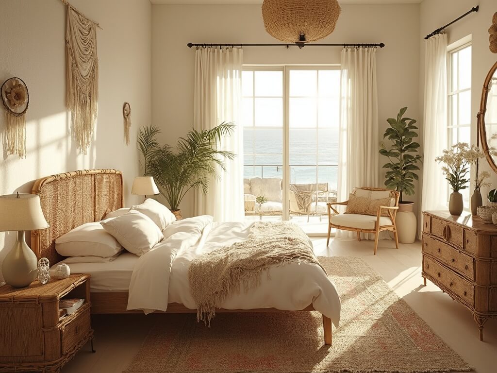 "Boho-themed master bedroom with rattan furniture, macramé decorations, and palm plants bathed in warm golden hour light"