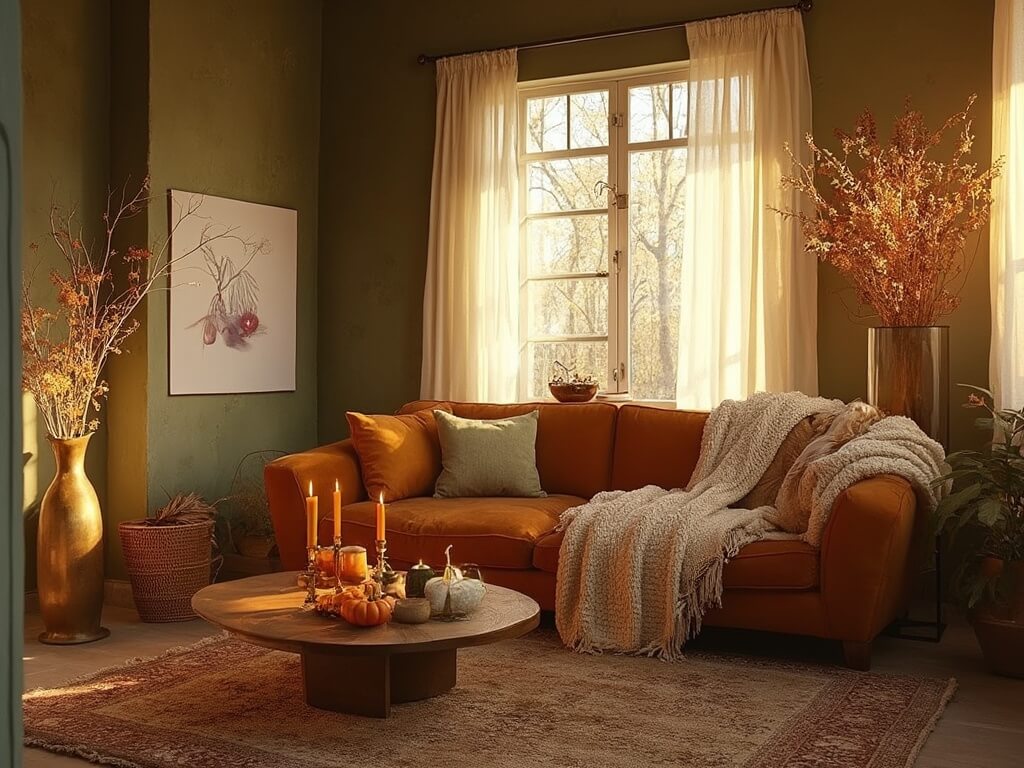 "Autumn-inspired living room with rust-colored velvet sofa, oak coffee table, and olive green accent wall, bathed in golden hour sunlight."