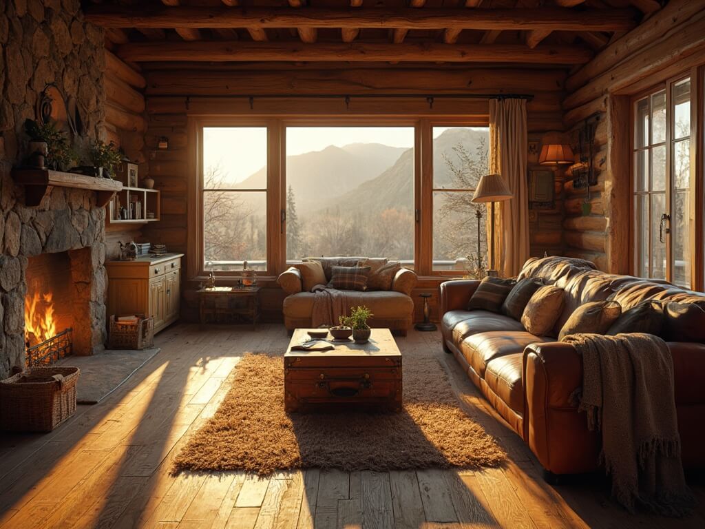 "Cozy rustic cabin interior with leather loveseat, stone fireplace, and vintage decor during golden hour"