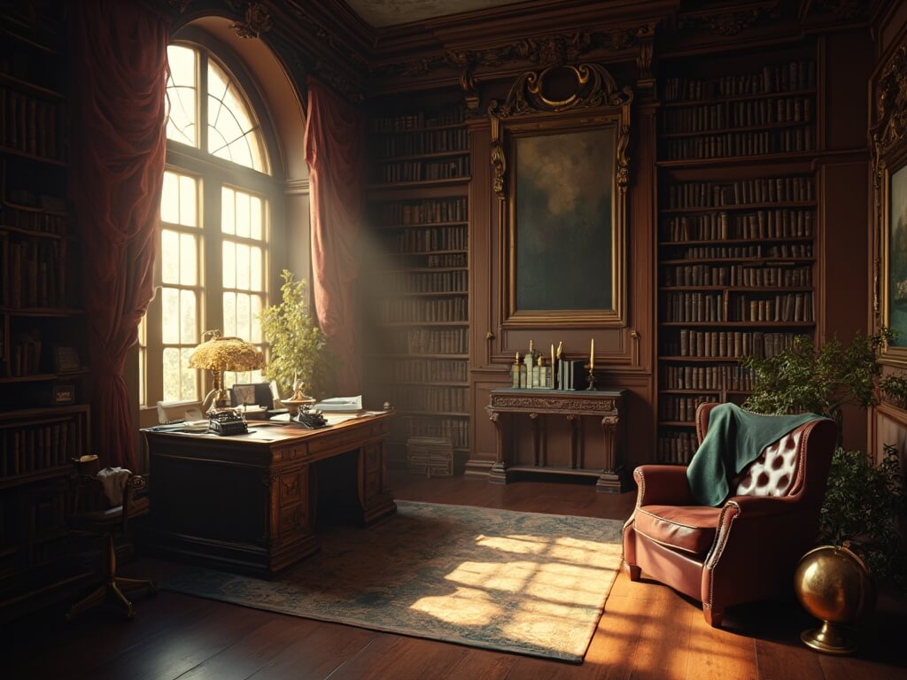 "Victorian study room filled with antique scholarly items, bookshelves, a desk, oil paintings, and an armchair during the golden hour"