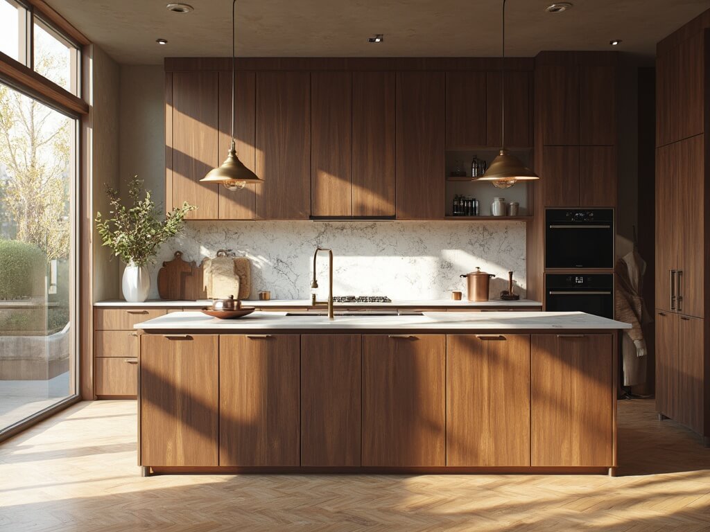 "Modern luxe kitchen with dark walnut cabinets, white quartz countertops, and brass fixtures bathed in warm morning sunlight"