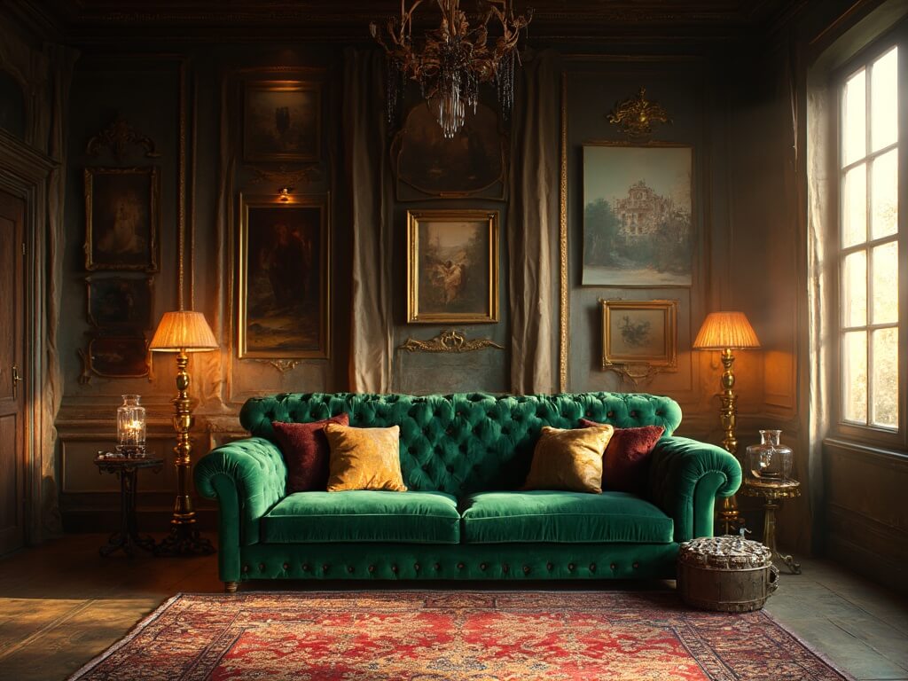 "Luxurious living room in golden hour light featuring emerald green chesterfield sofa, vintage Persian rugs, brass floor lamps, and gallery wall of oil paintings"