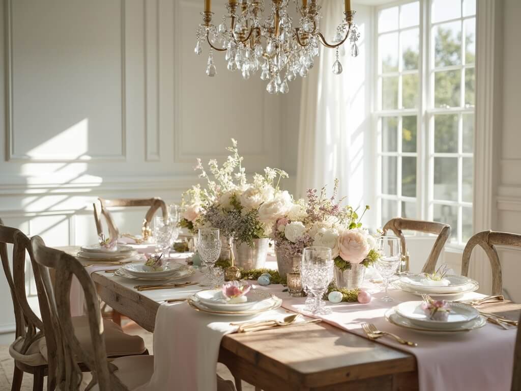 "Elegant Easter dining table setup featuring a centerpiece of spring flowers, pastel Easter eggs, gold-rimmed china, and vintage crystal glasses"