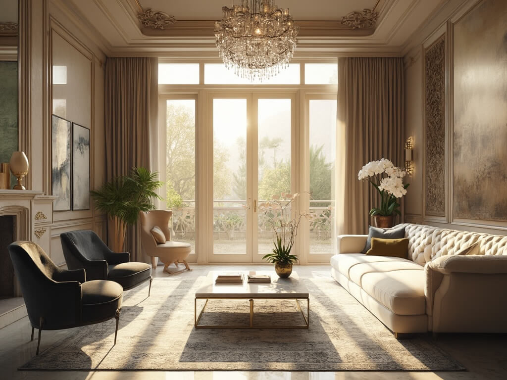 "Elegant living room with cream velvet sofa, grey wingback chairs, white marble coffee table, silk Persian rug, crystal chandelier, high ceilings, and Venetian plaster walls in warm tones"