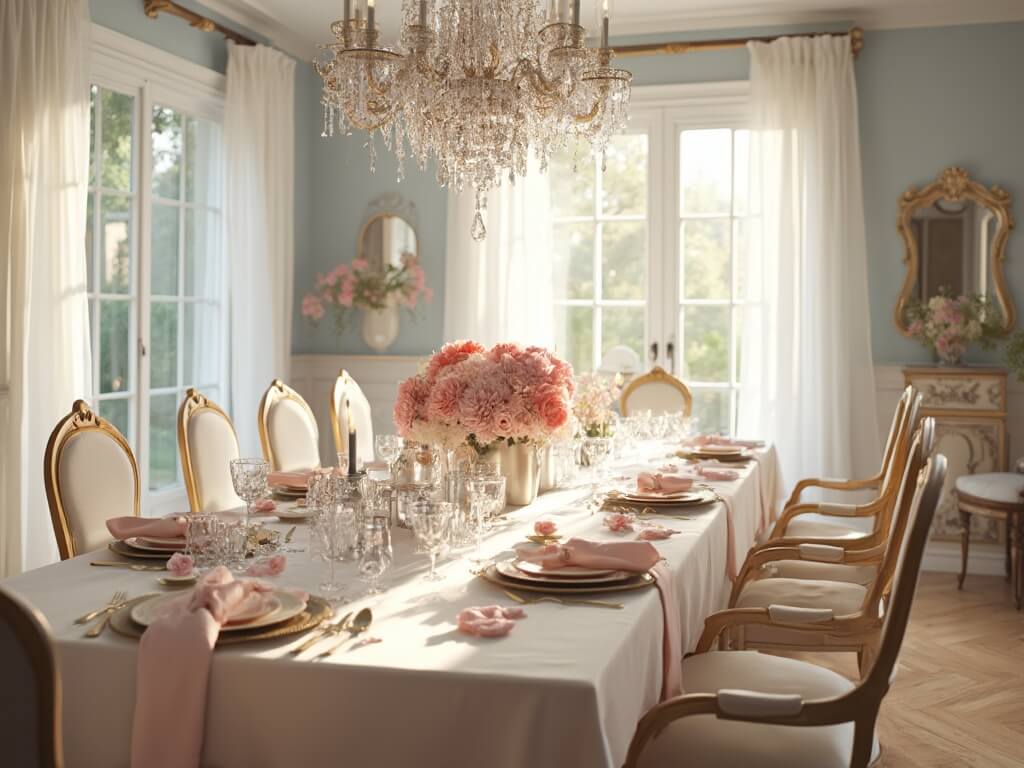 "Elegant Mother's Day dining room setup with pink peonies centerpiece, fine china place settings, and garden view through French doors"