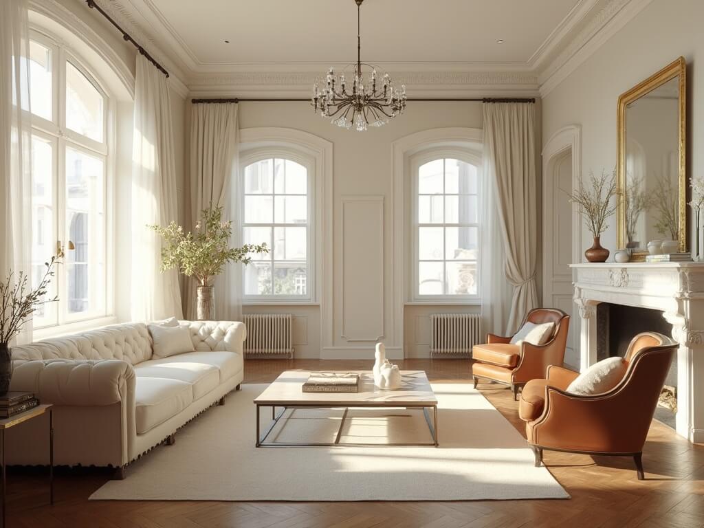"Elegant, sunlit living room with high ceilings, cream Chesterfield sofa, vintage armchairs, marble fireplace, and herringbone hardwood floors, shot during golden hour"