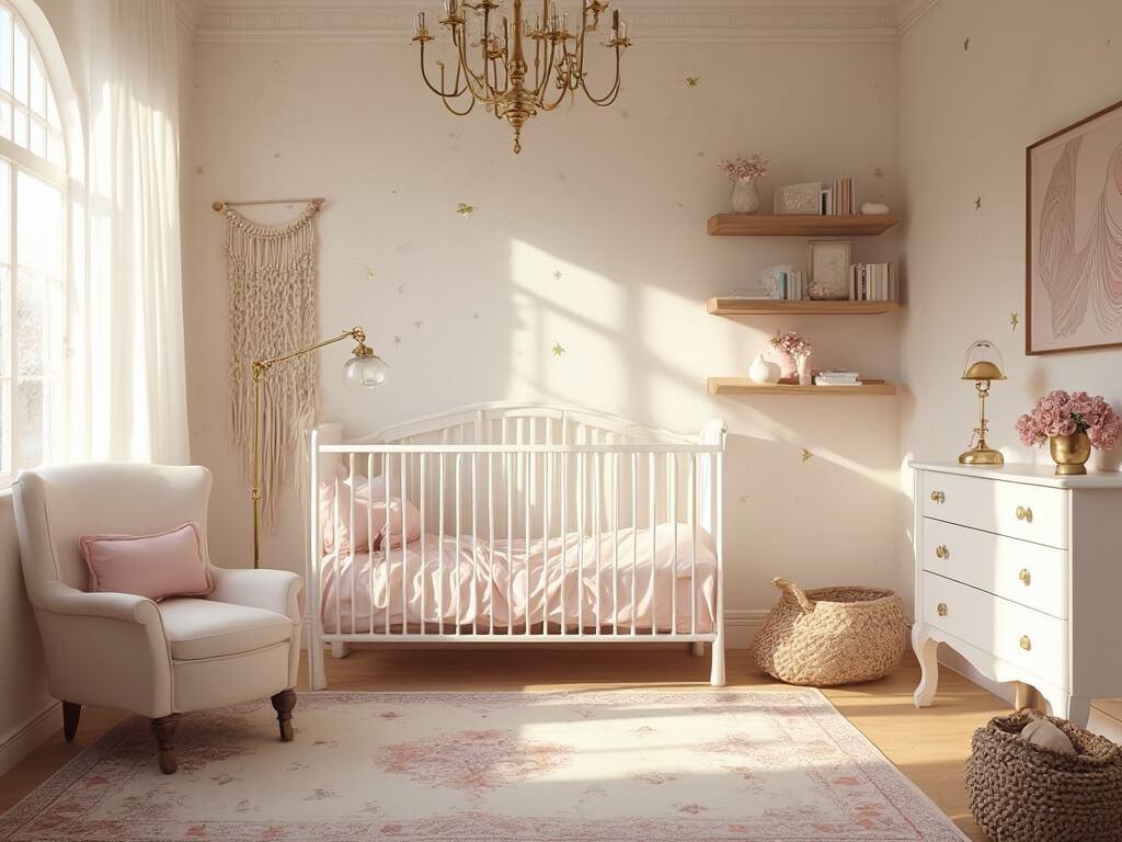 "Ethereal baby girl nursery with blush pink bedding, golden star wallpaper, vintage brass chandelier, and cream glider"