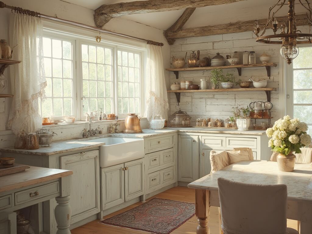 "Sunlit French country kitchen with shabby chic décor featuring distressed wooden beams, gray cabinetry, vintage teacups, and an antique chandelier."