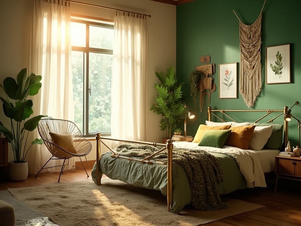 "Sunlit bohemian bedroom with green and cream details, lush indoor plants, vintage furniture, botanical prints, and crystal accents."