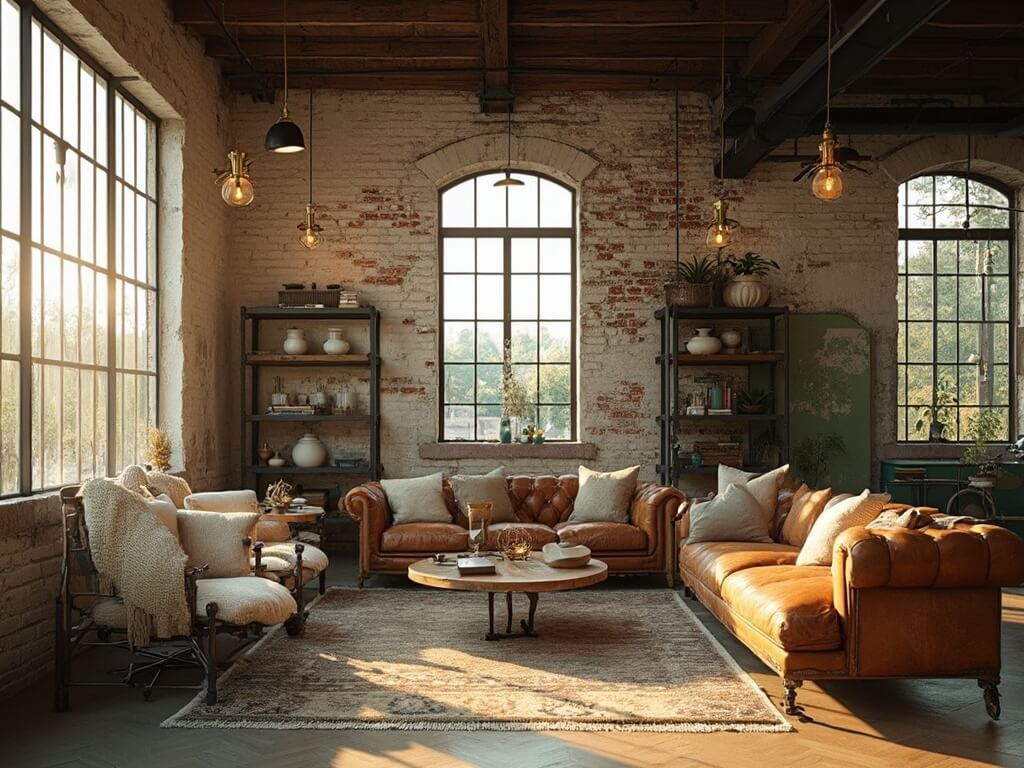 "Industrial farmhouse living room with white brick walls, vintage furniture, and warm golden hour lighting"