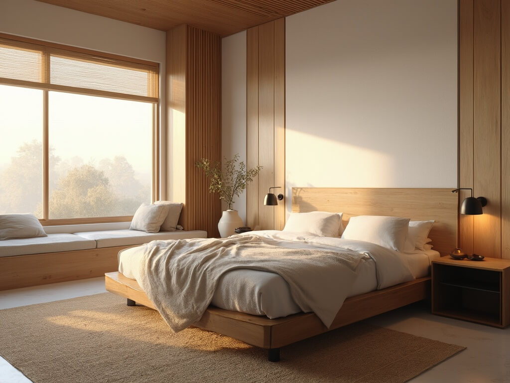 "Serene Japandi-style bedroom with natural light streaming in from floor-to-ceiling windows, featuring minimalist decor, earth-tone color palette, and a focus on natural materials like wood, linen, and ceramic."