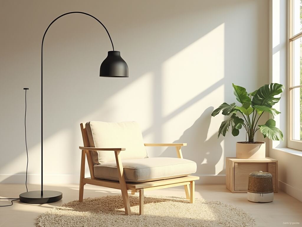 "Japandi chair in a sunlit living room with minimalist interior, featuring floor-to-ceiling windows, a potted monstera plant, and a matte black floor lamp"