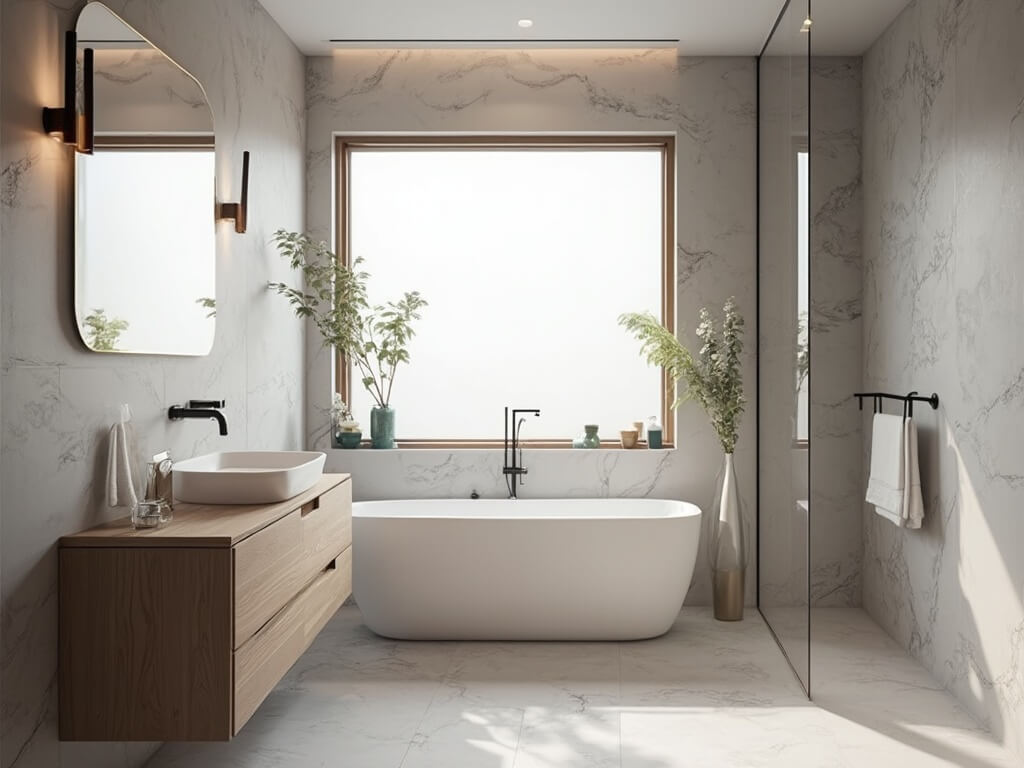 "Luxurious small bathroom with modern tub, marble-effect tiles and oak vanity under soft natural light"