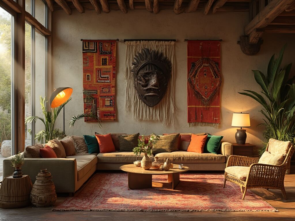 Sun-drenched Afrohemian living room with mahogany sofa, mudcloth pillows, vintage Moroccan rugs, Kente cloth wall hangings, and culturally-inspired decor.