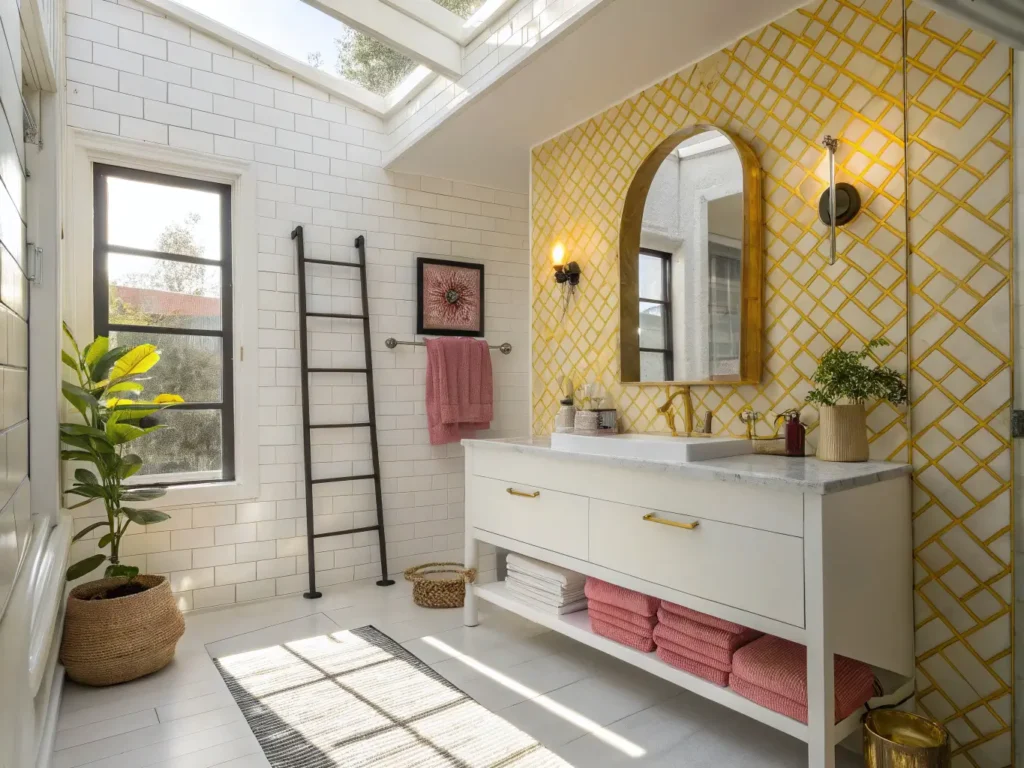 "Sunlit modern bathroom with yellow geometric wallpaper, white floating vanity with pink quartz, brass accents, and organic elements"