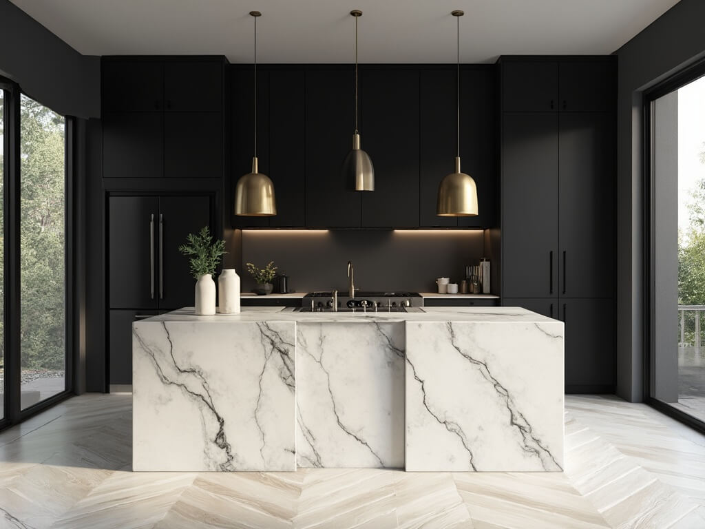 "Luxurious modern black kitchen with Carrara marble waterfall island, white oak herringbone flooring and golden ratio composition"