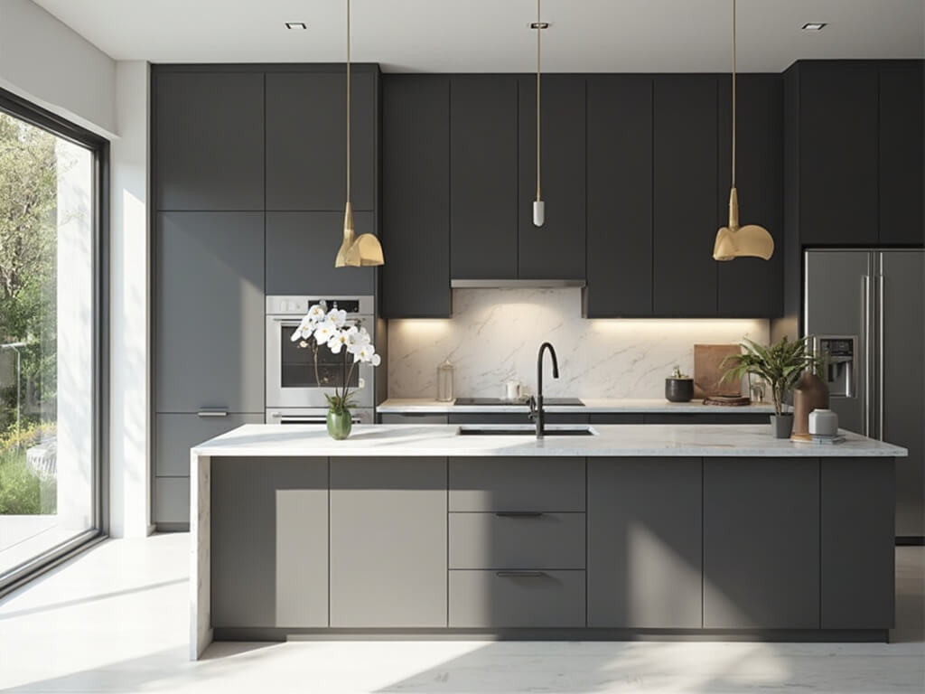 "Modern spacious kitchen with charcoal gray cabinets, white quartz countertops, marble-topped island, and stainless steel appliances in natural morning light."