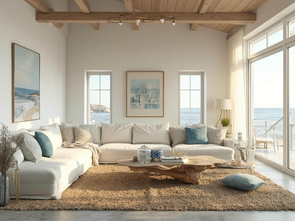 "Coastal living room in soft golden hour light with cream linen sofa, driftwood table, and sea-themed decor"
