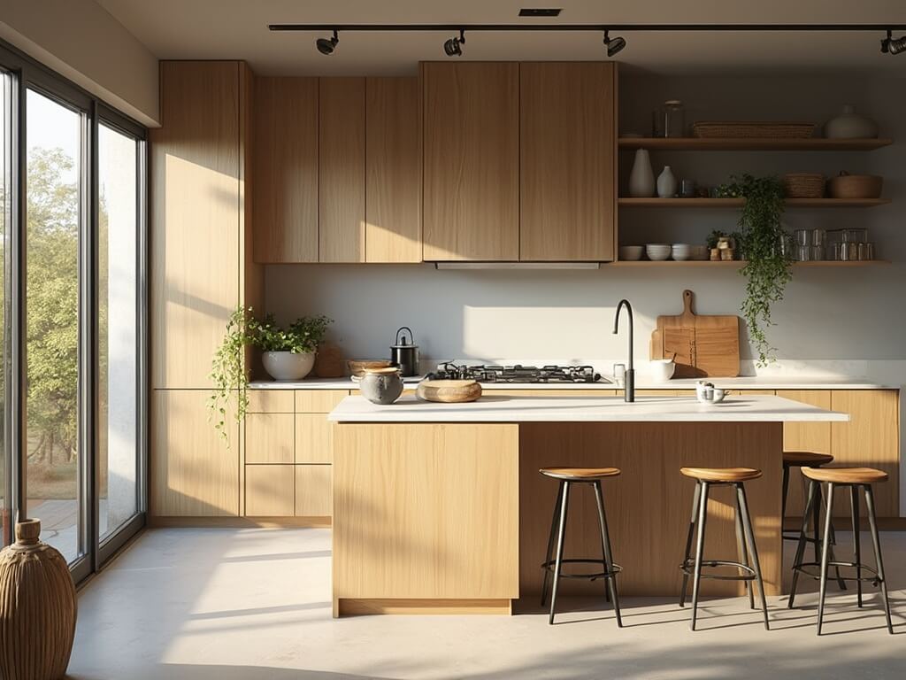 "Modern farmhouse kitchen interior design with oak cabinets, white quartz countertops, and natural sunlight"