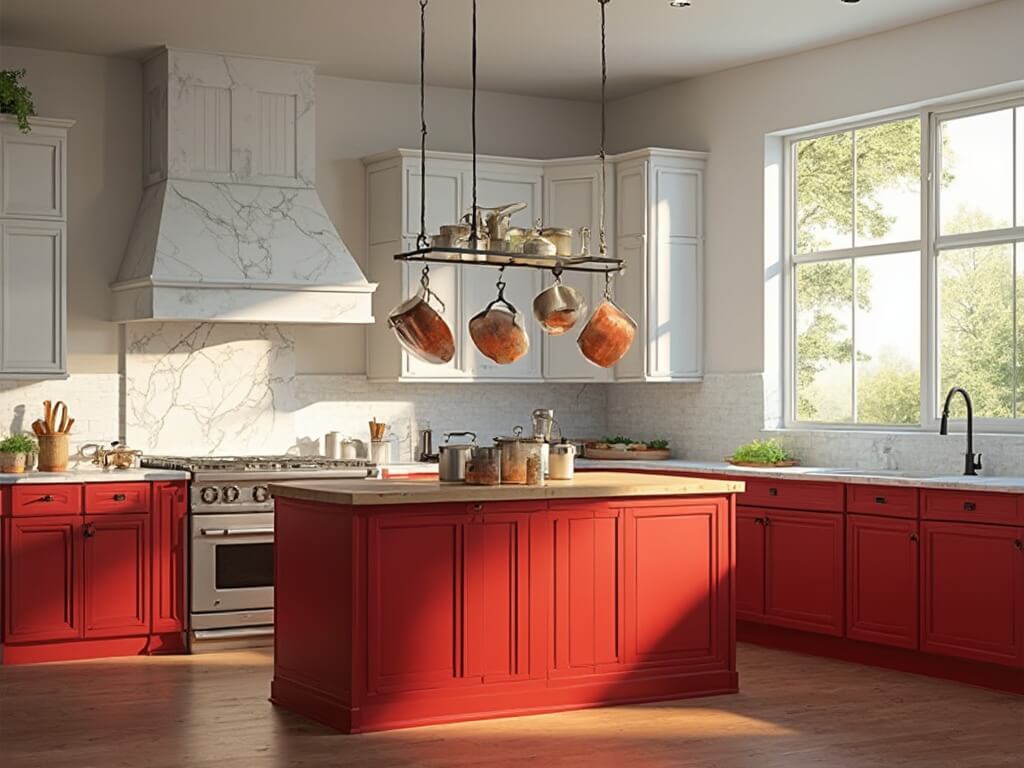 "Modern farmhouse kitchen with red cabinets, Carrara marble countertops, white subway tile backsplash, and stainless steel appliances in morning sunlight"