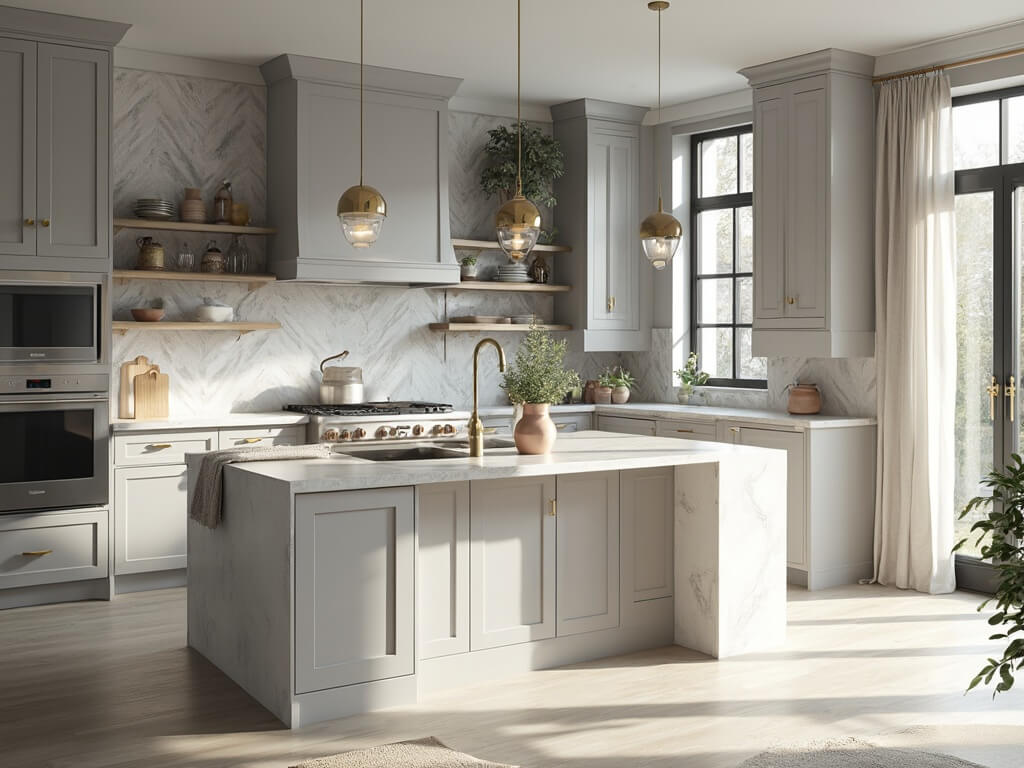 "Modern grey kitchen with Shaker cabinets, white quartz island, and Carrara marble backsplash with sunlight streaming through steel windows"