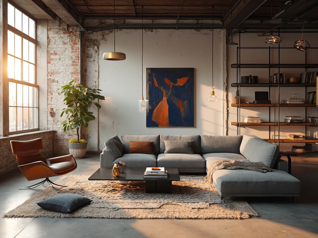 "Modern urban loft living room with industrial details, featuring concrete floors, large windows, gray sectional, cognac leather Barcelona chair, and minimalist decor during golden hour."