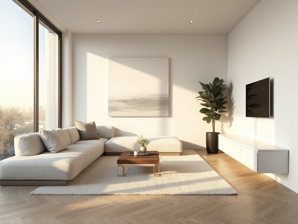 "Minimalist living room featuring ivory linen sofa, walnut coffee table, and bleached oak flooring bathed in golden hour light"