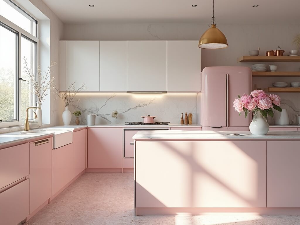 "Modern luxury kitchen with pink cabinets, white marble countertops, a vintage SMEG fridge, and natural light from large windows"
