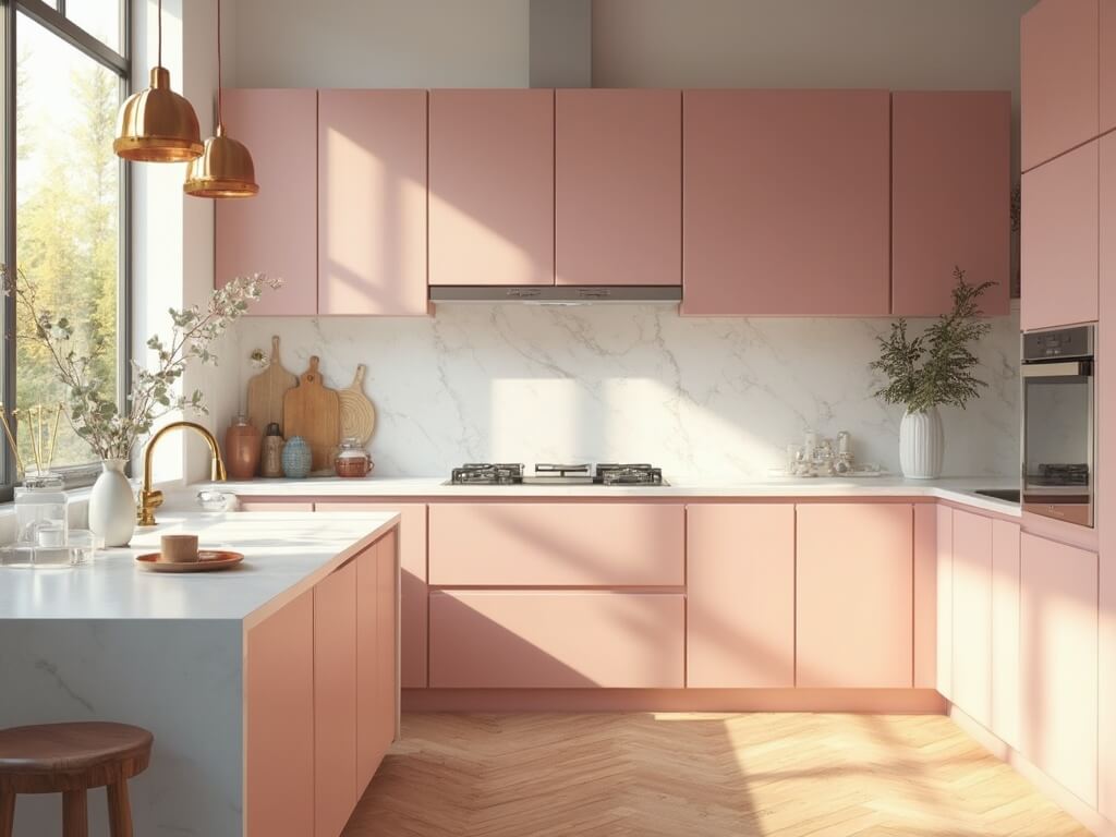 "Modern kitchen with blush pink cabinets, white quartz island, and golden morning sunlight streaming in"